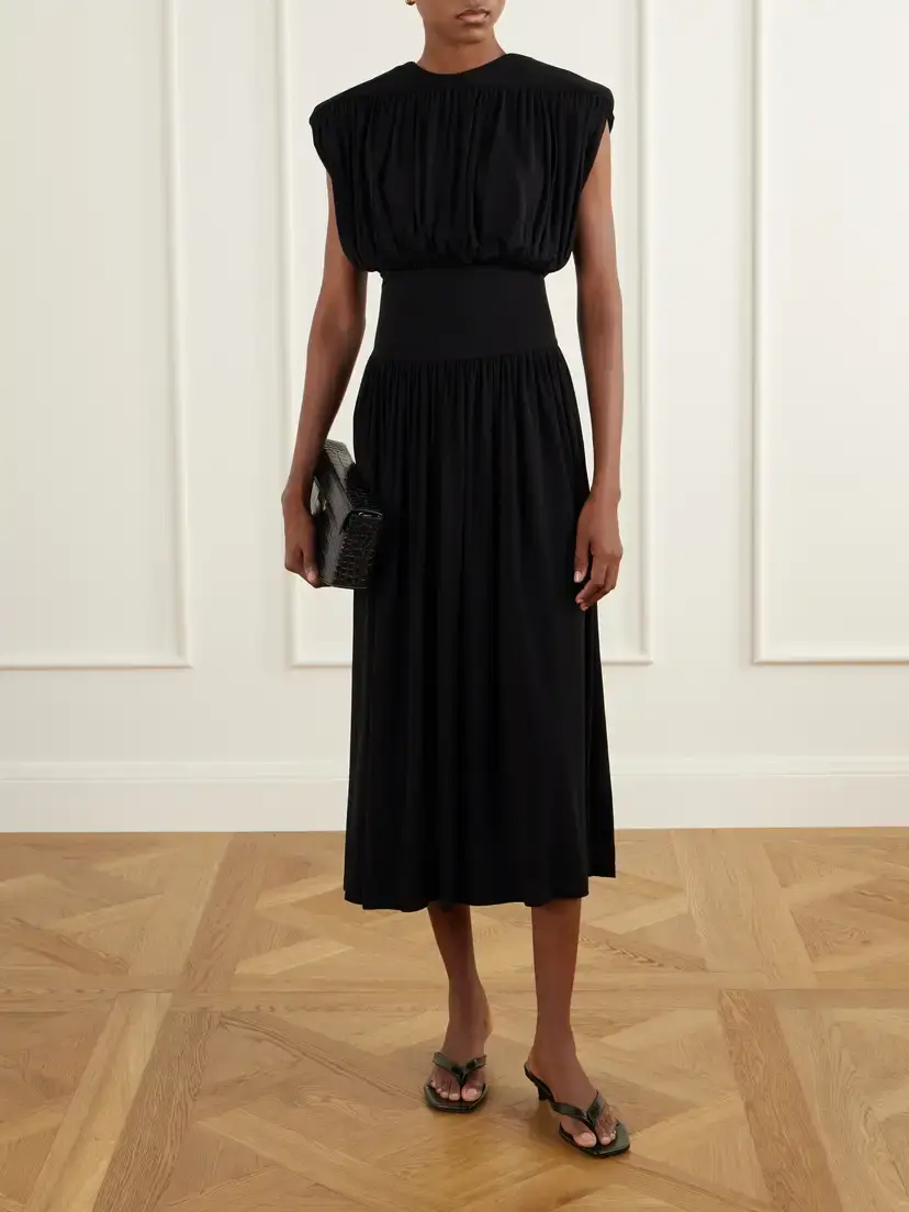 Anine Bing Fran Gathered Crepe Midi Dress | Thumbnail 2 Anine Bing Fran Gathered Crepe Midi Dress | Thumbnail 2