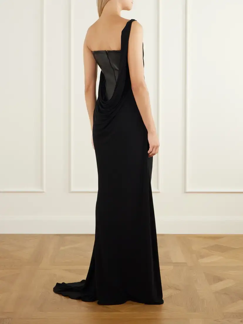 Alex Perry Asymmetric Leather And Jersey Gown - Black | Thumbnail 3 Alex Perry Asymmetric Leather And Jersey Gown - Black | Thumbnail 3