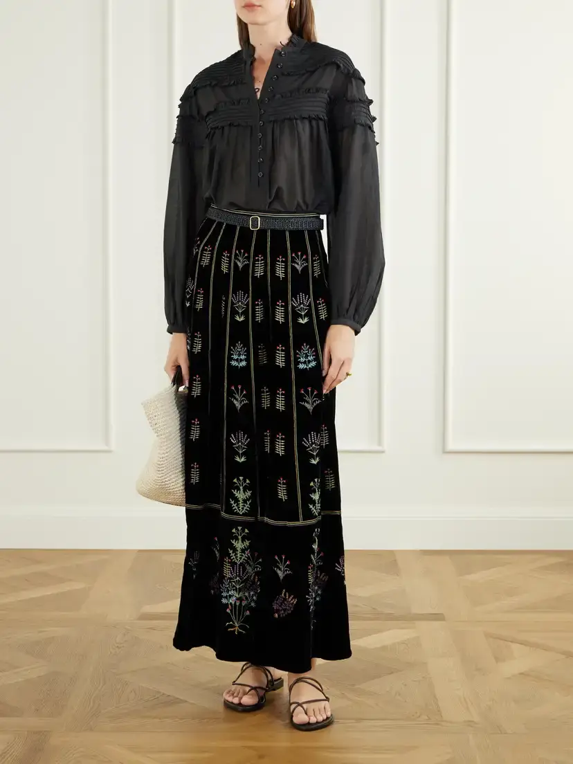 Emporio Sirenuse Camille Agra Flower-embroidered Velvet Midi Skirt | Thumbnail 2 Emporio Sirenuse Camille Agra Flower-embroidered Velvet Midi Skirt | Thumbnail 2