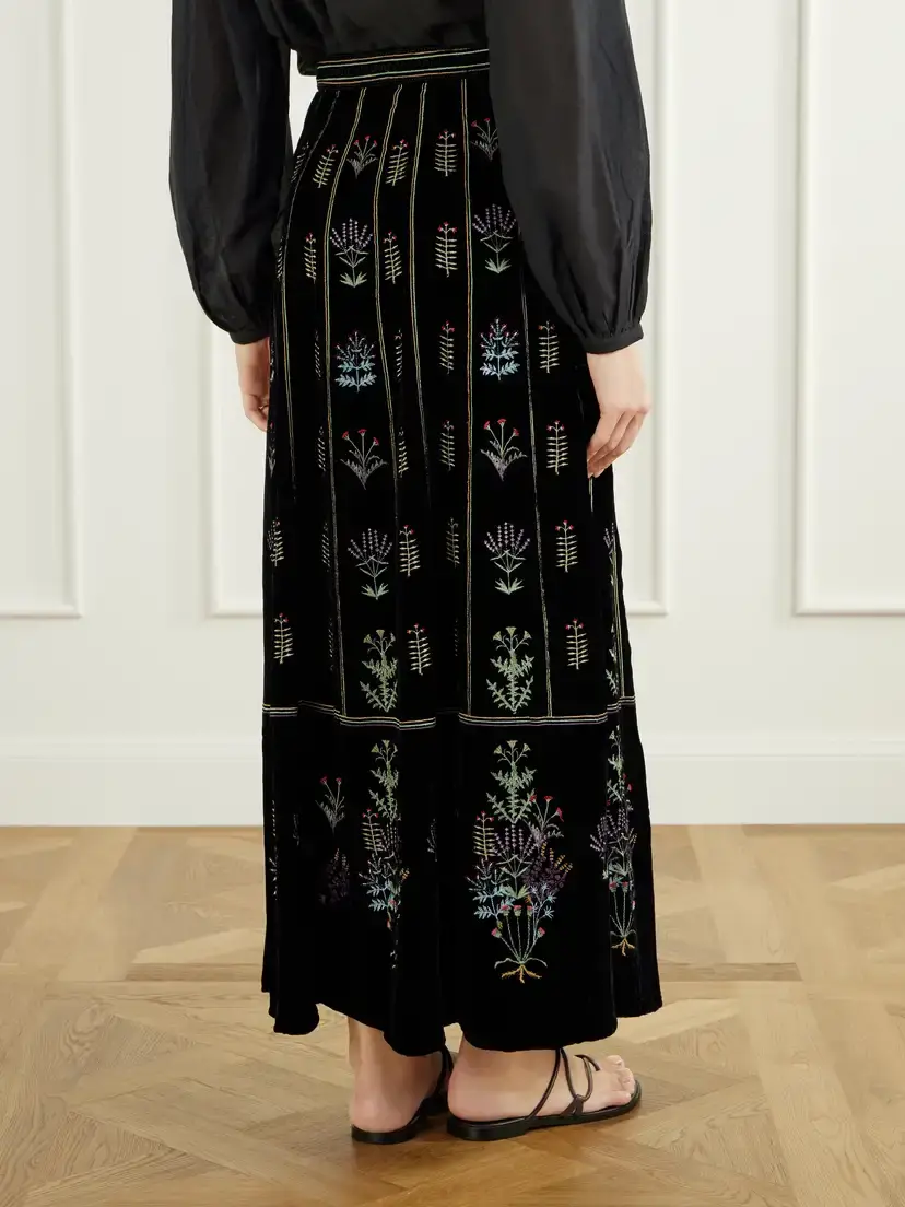 Emporio Sirenuse Camille Agra Flower-embroidered Velvet Midi Skirt | Thumbnail 3 Emporio Sirenuse Camille Agra Flower-embroidered Velvet Midi Skirt | Thumbnail 3