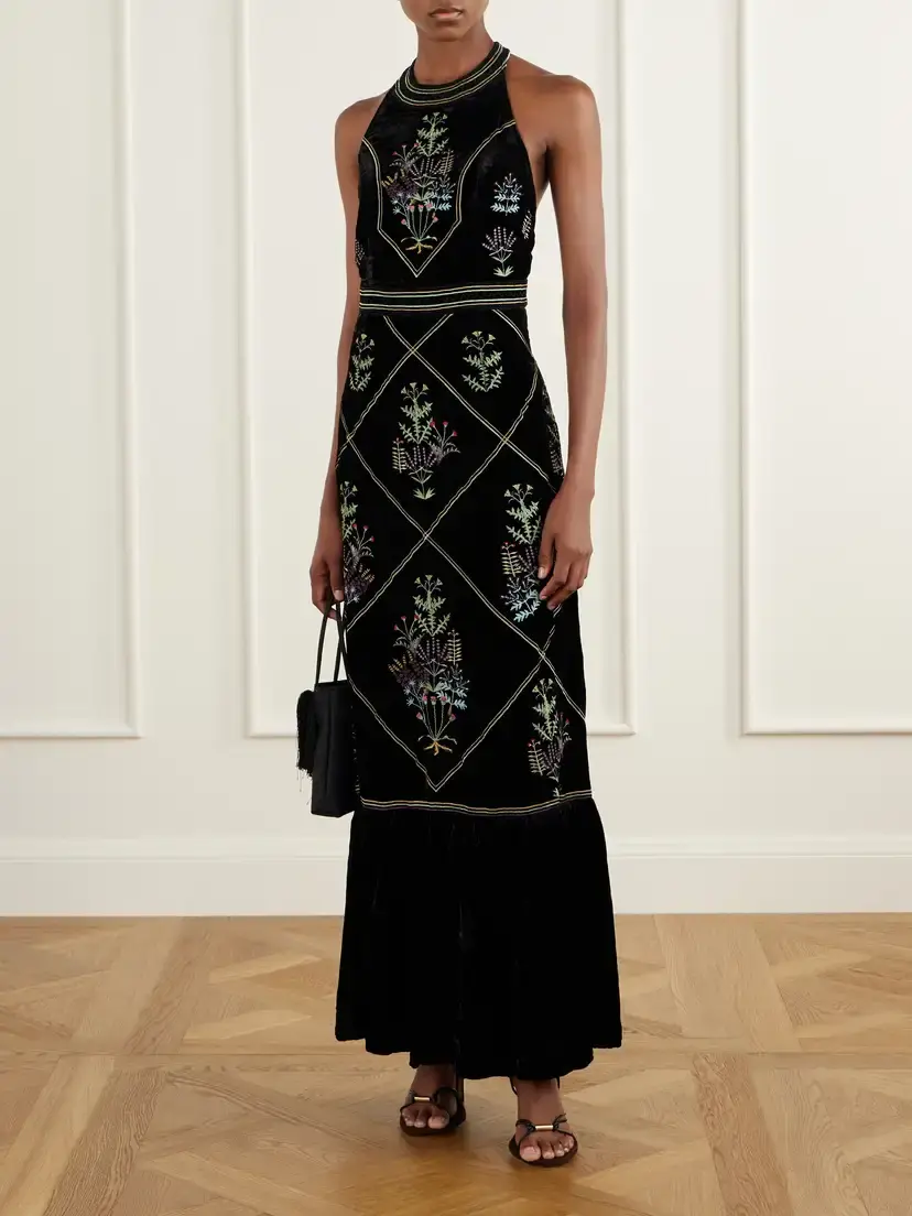 Emporio Sirenuse Chantal Agra Flower-embroidered Velvet Midi Dress | Thumbnail 2 Emporio Sirenuse Chantal Agra Flower-embroidered Velvet Midi Dress | Thumbnail 2