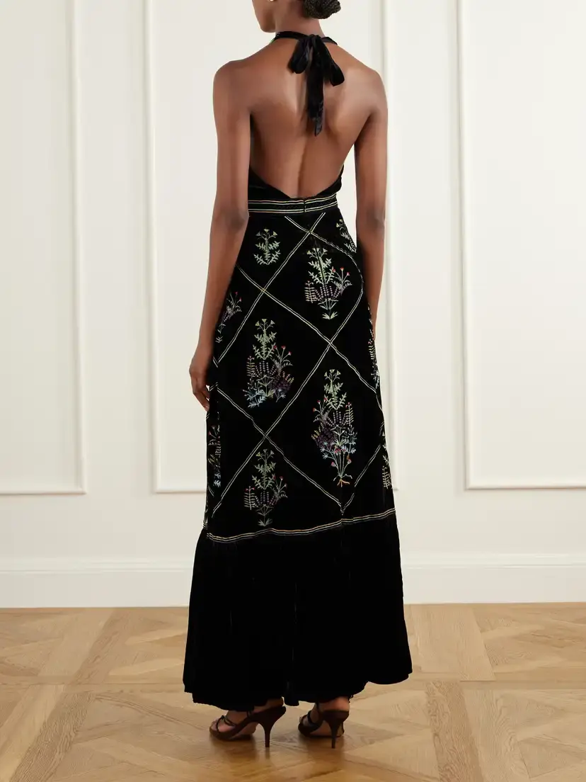 Emporio Sirenuse Chantal Agra Flower-embroidered Velvet Midi Dress | Thumbnail 3 Emporio Sirenuse Chantal Agra Flower-embroidered Velvet Midi Dress | Thumbnail 3