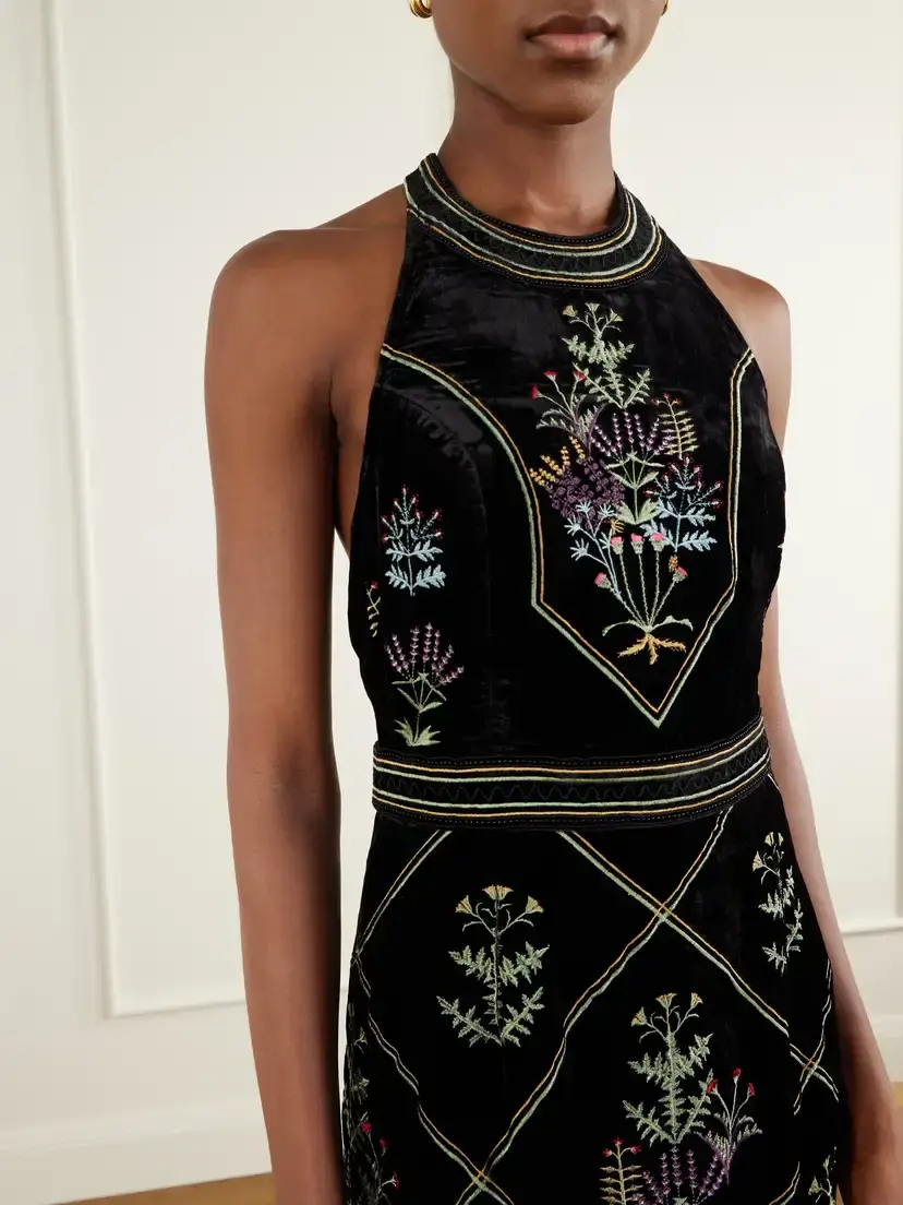 Emporio Sirenuse Chantal Agra Flower-embroidered Velvet Midi Dress | Thumbnail 4 Emporio Sirenuse Chantal Agra Flower-embroidered Velvet Midi Dress | Thumbnail 4