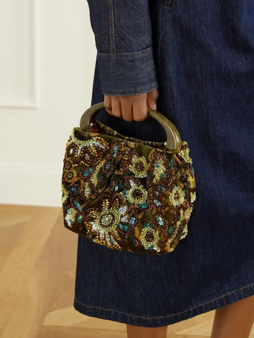 Dries Van Noten Bead-embellished Printed Leather-trimmed Velvet Shoulder Bag | Thumbnail 2 Dries Van Noten Bead-embellished Printed Leather-trimmed Velvet Shoulder Bag | Thumbnail 2