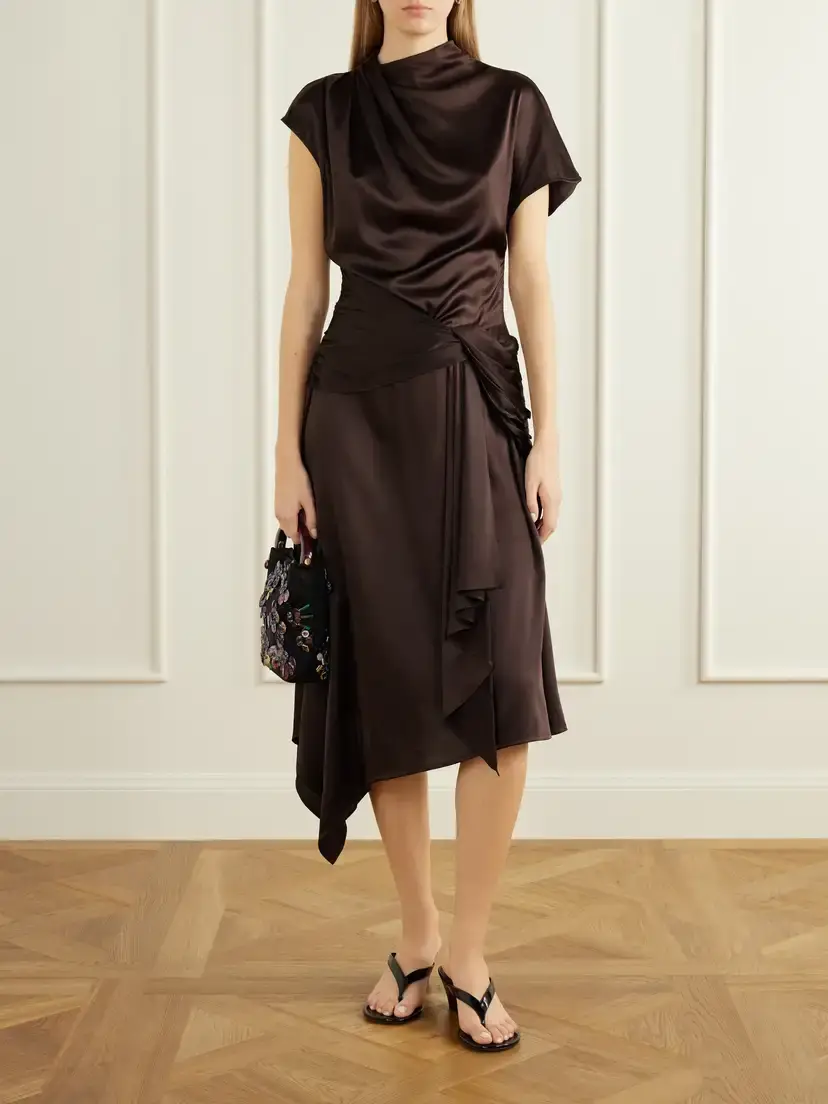 Staud Davina Gathered Silk-blend Satin Midi Dress | Thumbnail 2 Staud Davina Gathered Silk-blend Satin Midi Dress | Thumbnail 2