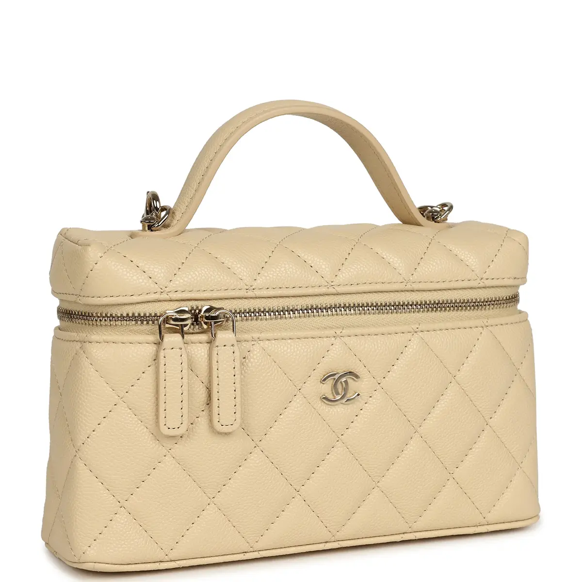 Chanel Chanel Top Handle Long Vanity Case with Chain Beige Shiny Caviar Light Gold Hardware | Thumbnail 2