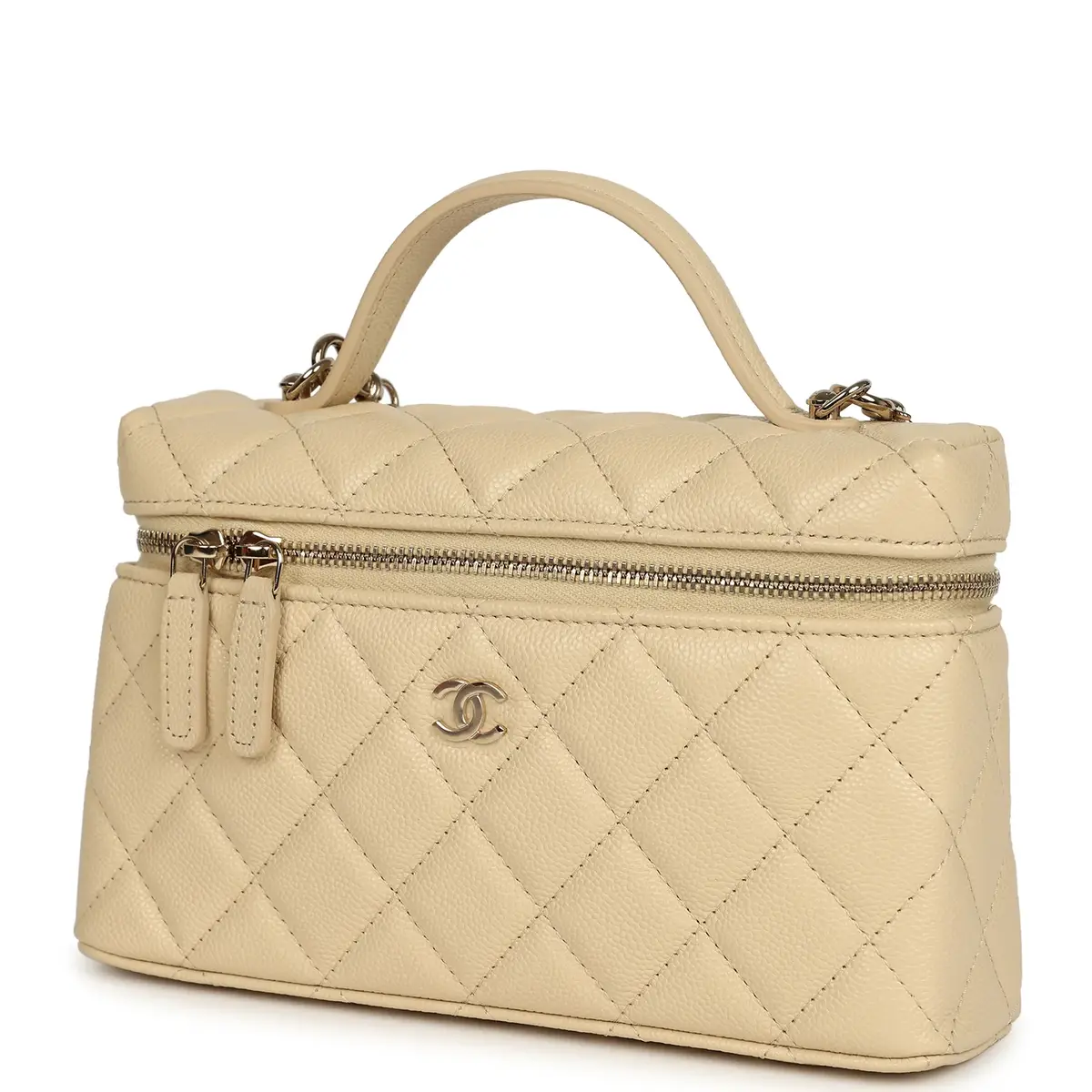 Chanel Chanel Top Handle Long Vanity Case with Chain Beige Shiny Caviar Light Gold Hardware | Thumbnail 5