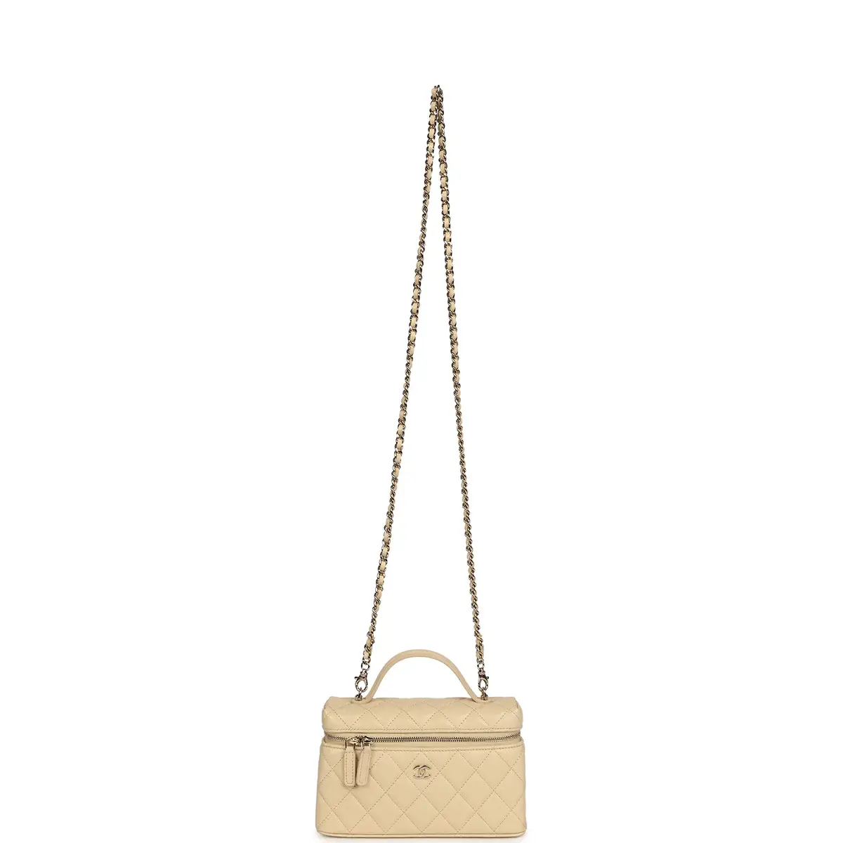 Chanel Chanel Top Handle Long Vanity Case with Chain Beige Shiny Caviar Light Gold Hardware | Thumbnail 7
