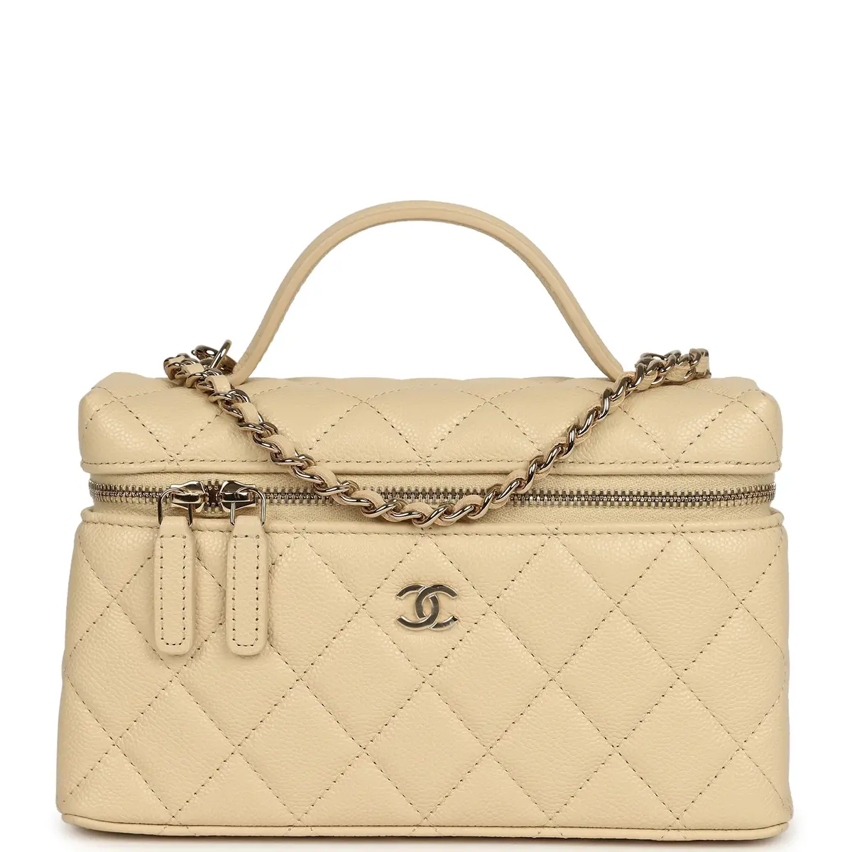 Chanel Chanel Top Handle Long Vanity Case with Chain Beige Shiny Caviar Light Gold Hardware | Image 1 Chanel Chanel Top Handle Long Vanity Case with Chain Beige Shiny Caviar Light Gold Hardware | Image 1