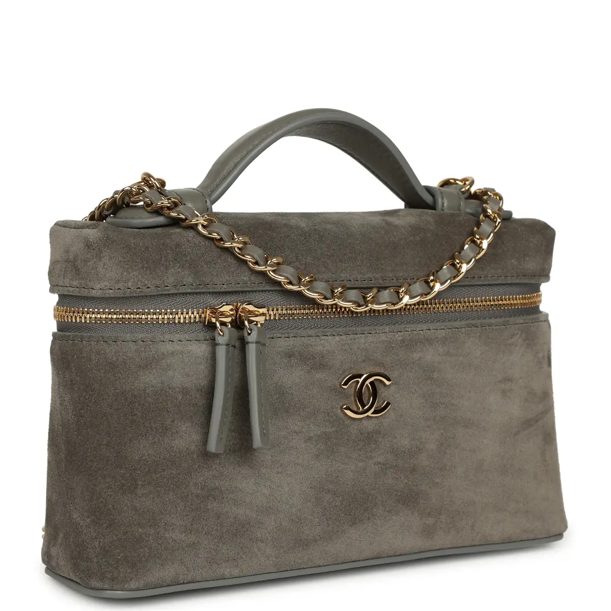 Chanel Chanel Top Handle Long Vanity Case with Chain Dark Grey Suede Gold Hardware | Thumbnail 2 Chanel Chanel Top Handle Long Vanity Case with Chain Dark Grey Suede Gold Hardware | Thumbnail 2