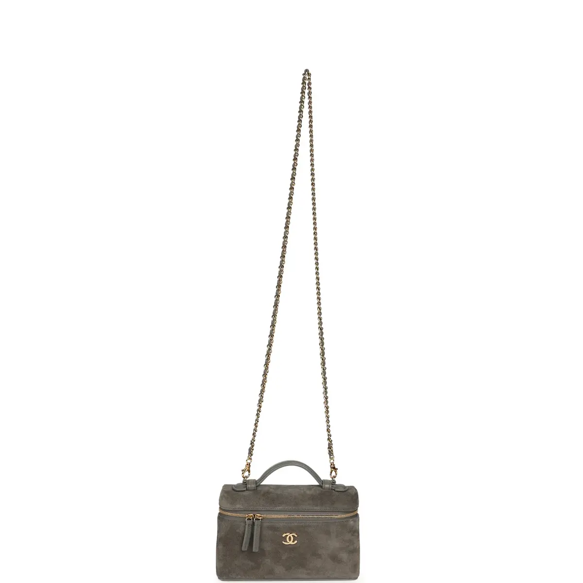 Chanel Chanel Top Handle Long Vanity Case with Chain Dark Grey Suede Gold Hardware | Thumbnail 8 Chanel Chanel Top Handle Long Vanity Case with Chain Dark Grey Suede Gold Hardware | Thumbnail 8