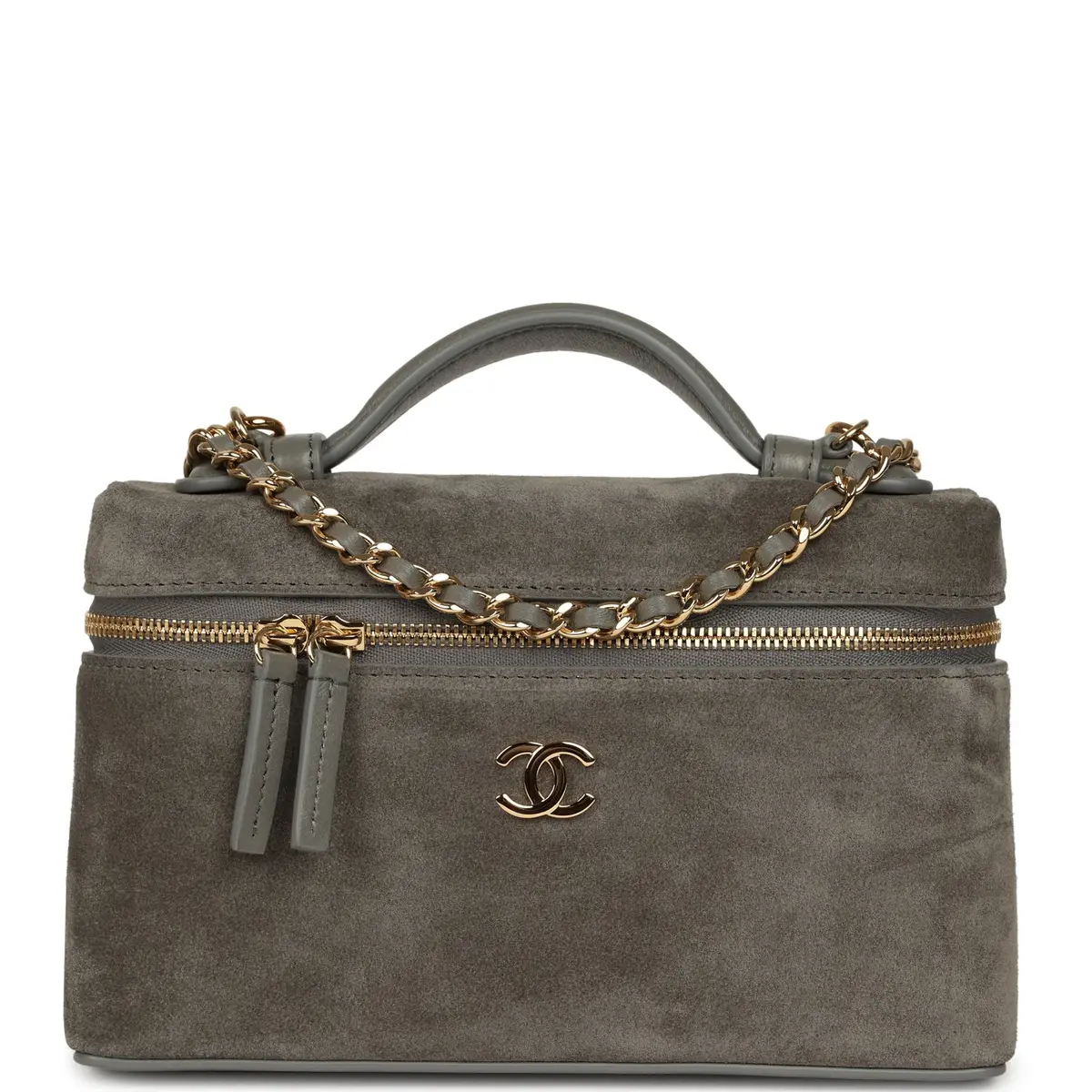 Chanel Chanel Top Handle Long Vanity Case with Chain Dark Grey Suede Gold Hardware | Image 1 Chanel Chanel Top Handle Long Vanity Case with Chain Dark Grey Suede Gold Hardware | Image 1