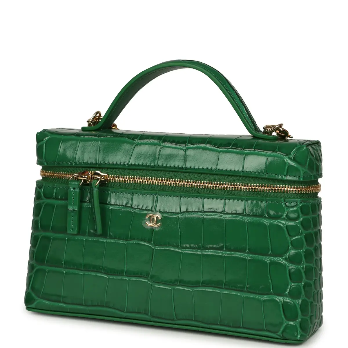 Chanel Chanel Top Handle Long Vanity Case with Chain Green Croc Embossed Calfskin Gold Hardware | Thumbnail 5 Chanel Chanel Top Handle Long Vanity Case with Chain Green Croc Embossed Calfskin Gold Hardware | Thumbnail 5