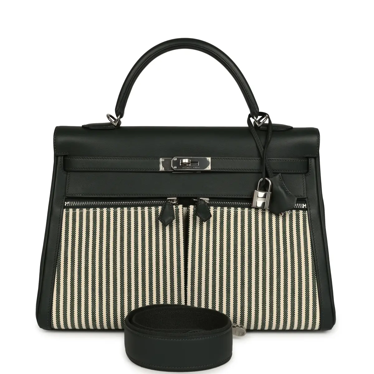 HERMÈS Hermes Kelly Lakis 35 Vert Anglais Swift, Toile Riga Palladium Hardware | Image 1 HERMÈS Hermes Kelly Lakis 35 Vert Anglais Swift, Toile Riga Palladium Hardware | Image 1