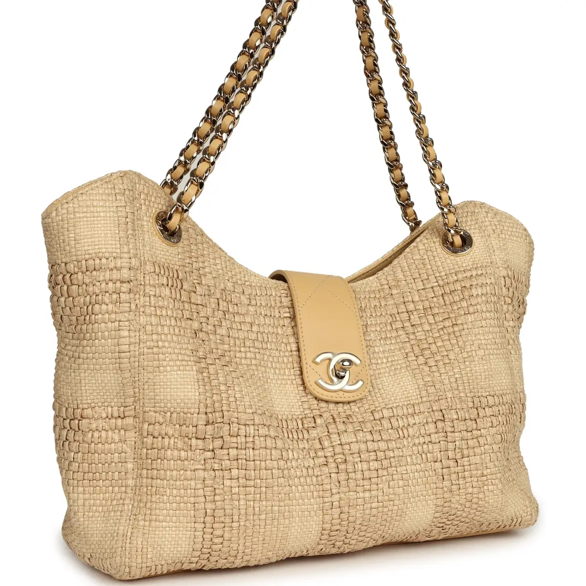 Chanel Pre-owned Chanel Small Shopping Bag Beige Braided Raffia Light Gold Hardware | Thumbnail 2