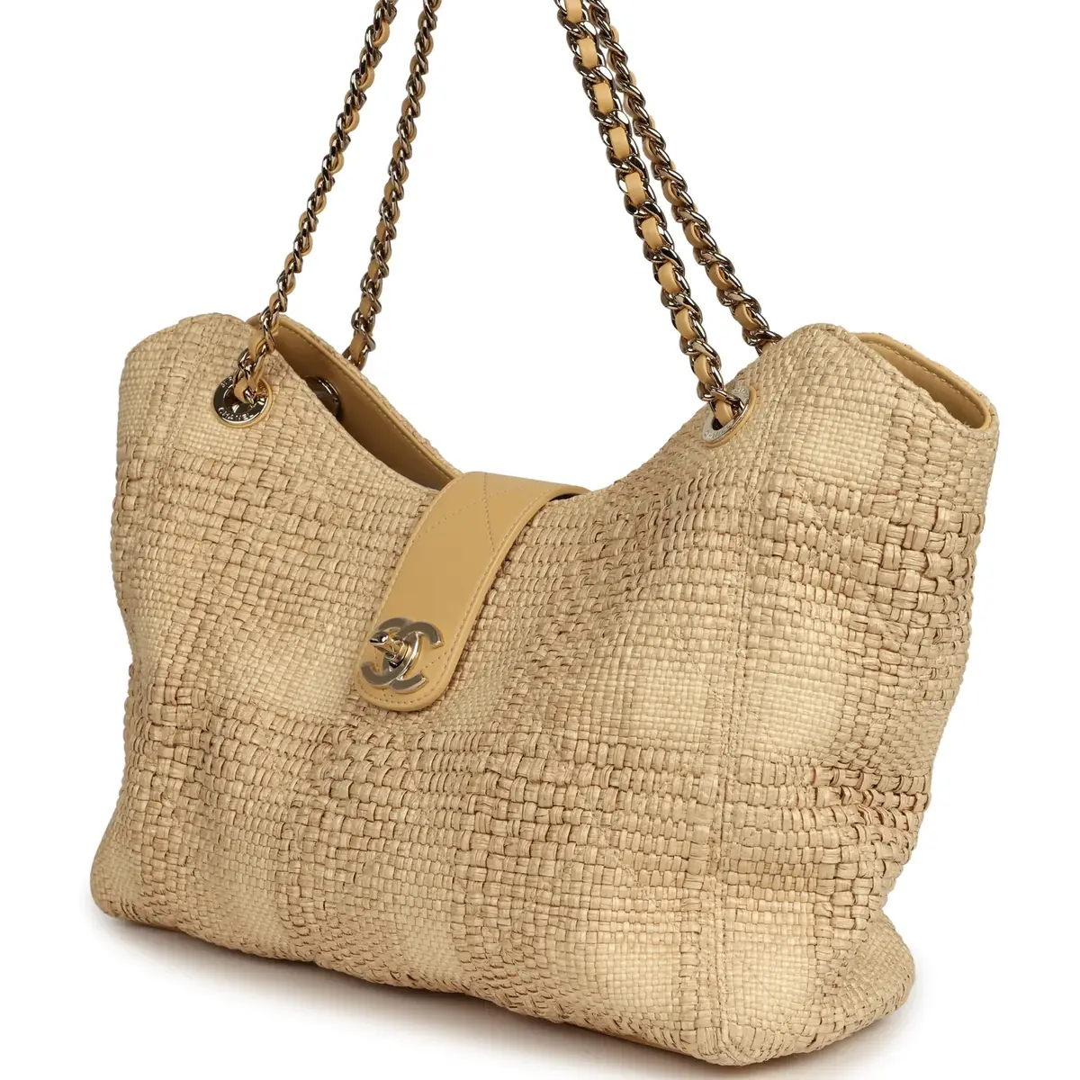 Chanel Pre-owned Chanel Small Shopping Bag Beige Braided Raffia Light Gold Hardware | Thumbnail 5
