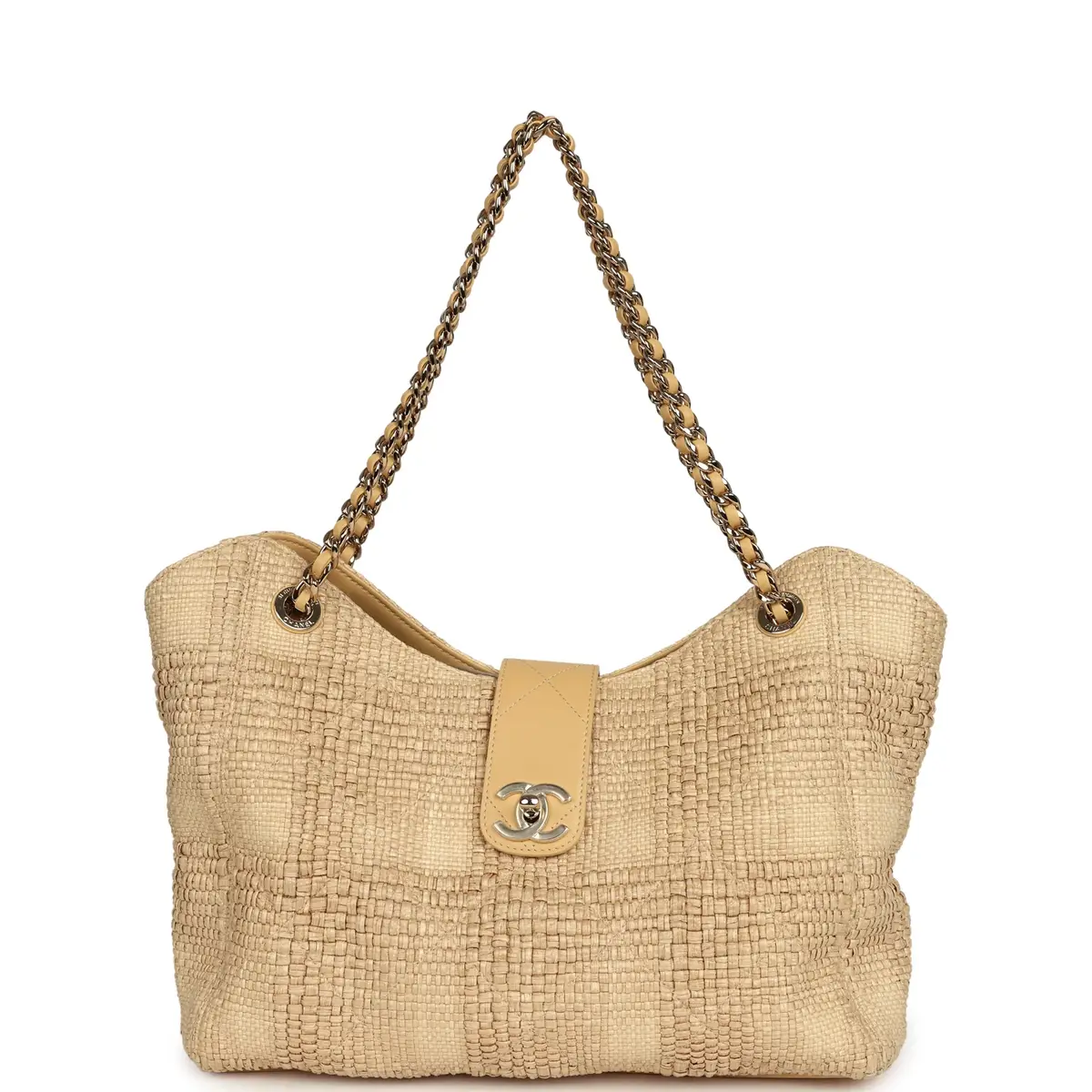 Chanel Pre-owned Chanel Small Shopping Bag Beige Braided Raffia Light Gold Hardware | Thumbnail 7