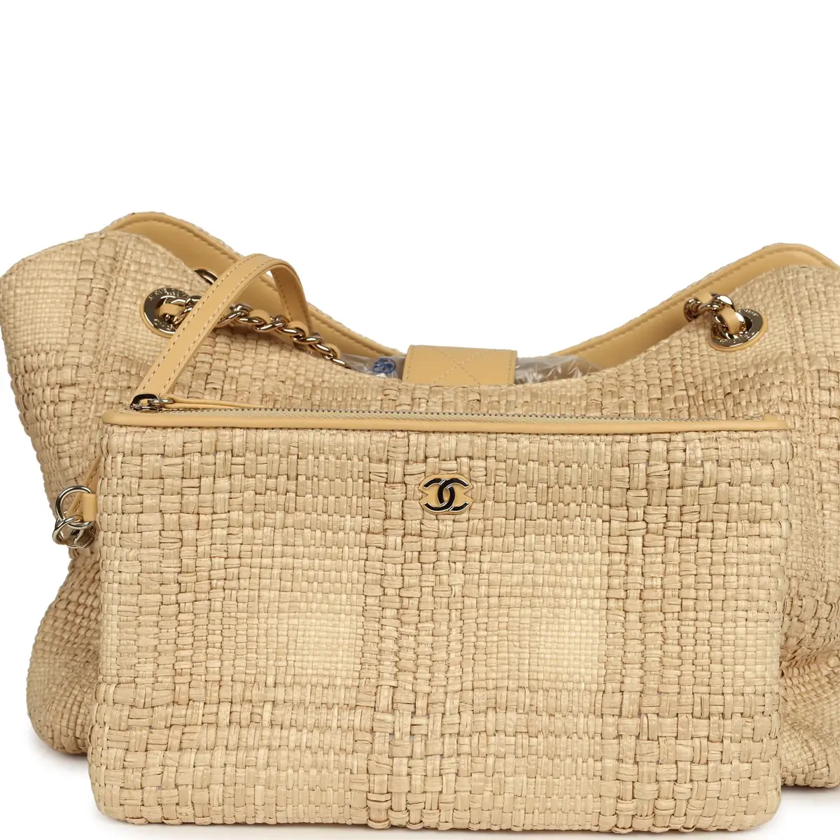 Chanel Pre-owned Chanel Small Shopping Bag Beige Braided Raffia Light Gold Hardware | Thumbnail 8