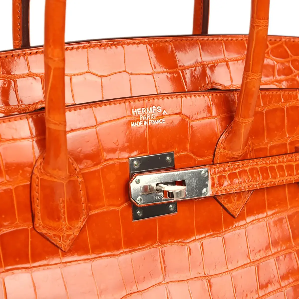HERMÈS Pre-owned Hermes Birkin 35 Orange Shiny Porosus Crocodile Palladium Hardware | Thumbnail 7 HERMÈS Pre-owned Hermes Birkin 35 Orange Shiny Porosus Crocodile Palladium Hardware | Thumbnail 7