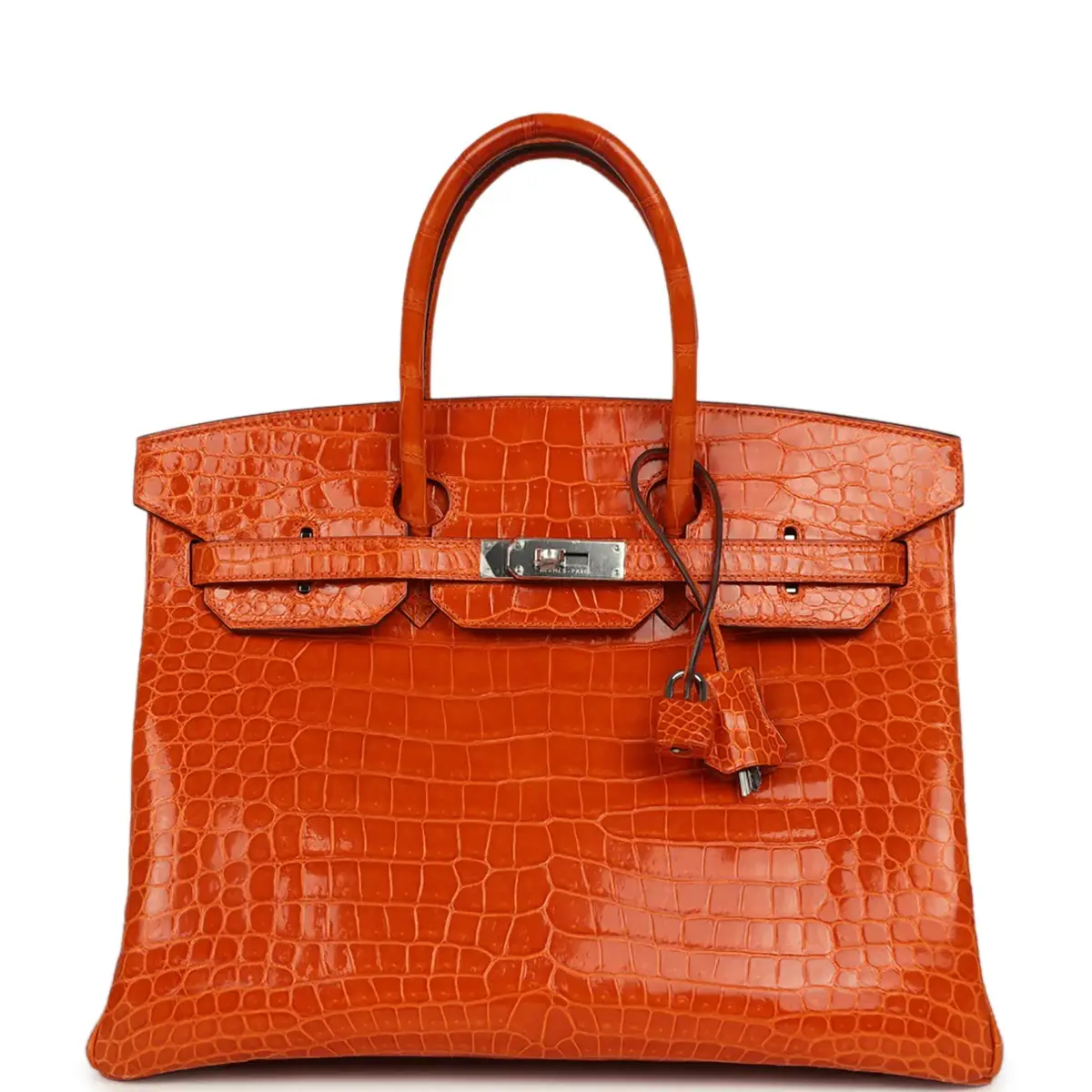HERMÈS Pre-owned Hermes Birkin 35 Orange Shiny Porosus Crocodile Palladium Hardware | Image 1 HERMÈS Pre-owned Hermes Birkin 35 Orange Shiny Porosus Crocodile Palladium Hardware | Image 1