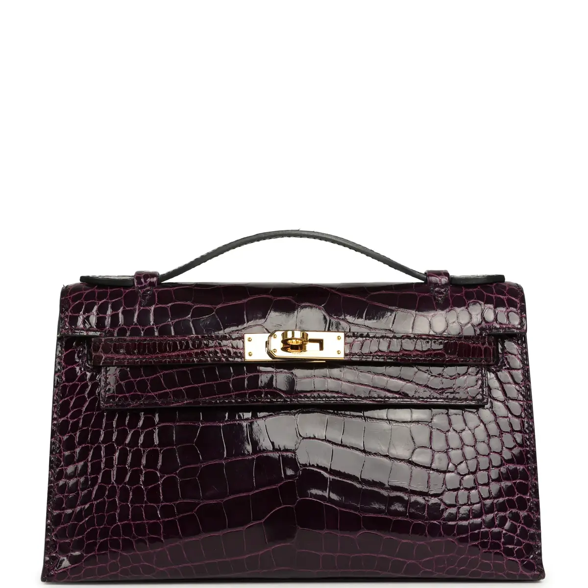 HERMÈS Pre-owned Hermes Kelly Pochette Aubergine Shiny Alligator Mississippiensis Gold Hardware | Image 1 HERMÈS Pre-owned Hermes Kelly Pochette Aubergine Shiny Alligator Mississippiensis Gold Hardware | Image 1