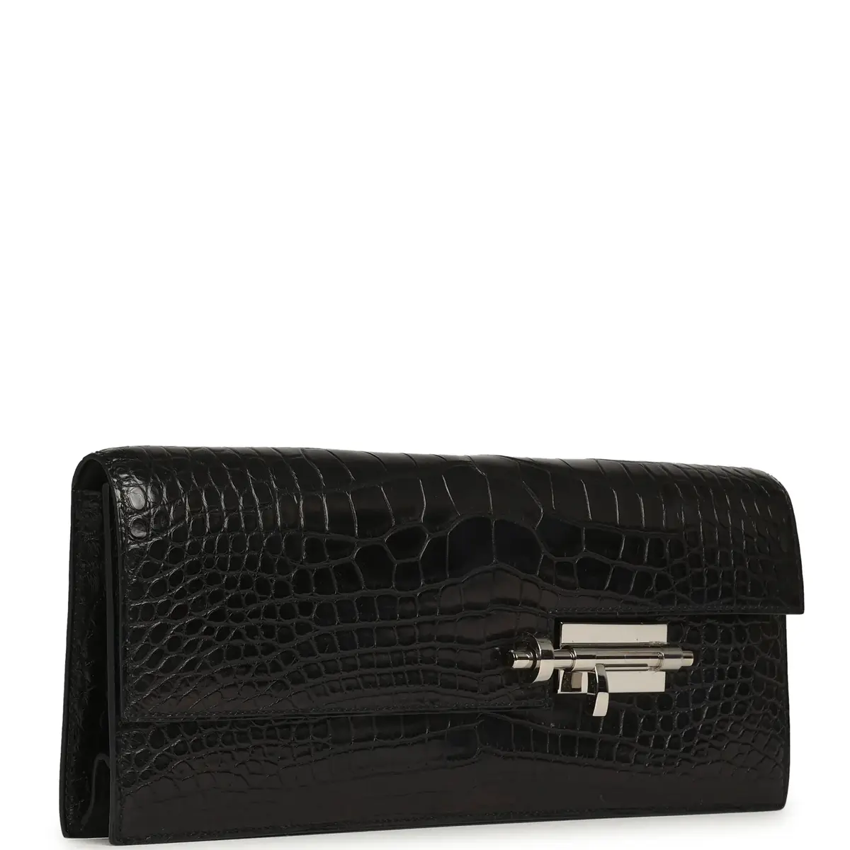 HERMÈS Pre-owned Hermes Verrou Clutch Black Matte Alligator Mississippiensis Palladium Hardware | Thumbnail 2 HERMÈS Pre-owned Hermes Verrou Clutch Black Matte Alligator Mississippiensis Palladium Hardware | Thumbnail 2