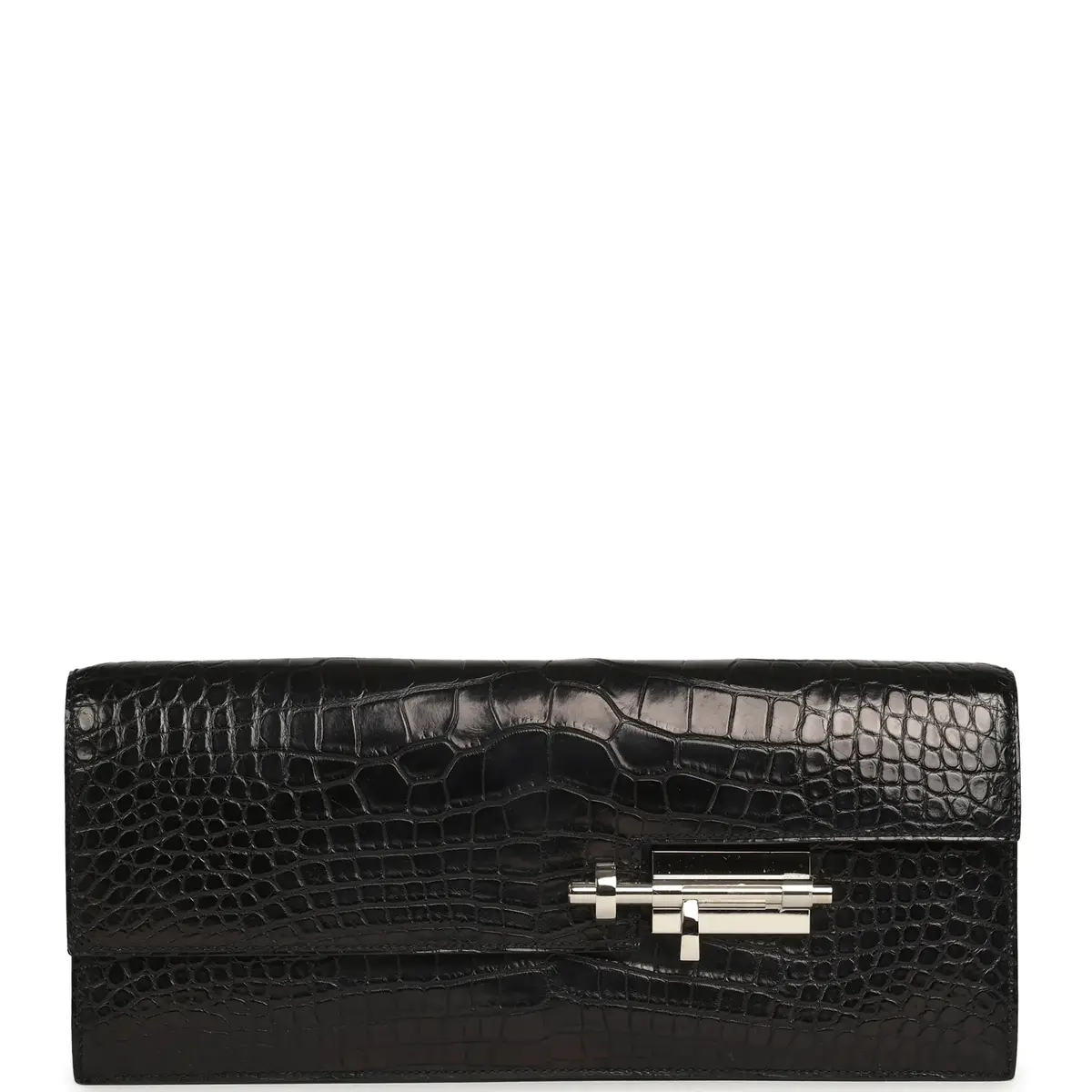 HERMÈS Pre-owned Hermes Verrou Clutch Black Matte Alligator Mississippiensis Palladium Hardware | Image 1 HERMÈS Pre-owned Hermes Verrou Clutch Black Matte Alligator Mississippiensis Palladium Hardware | Image 1