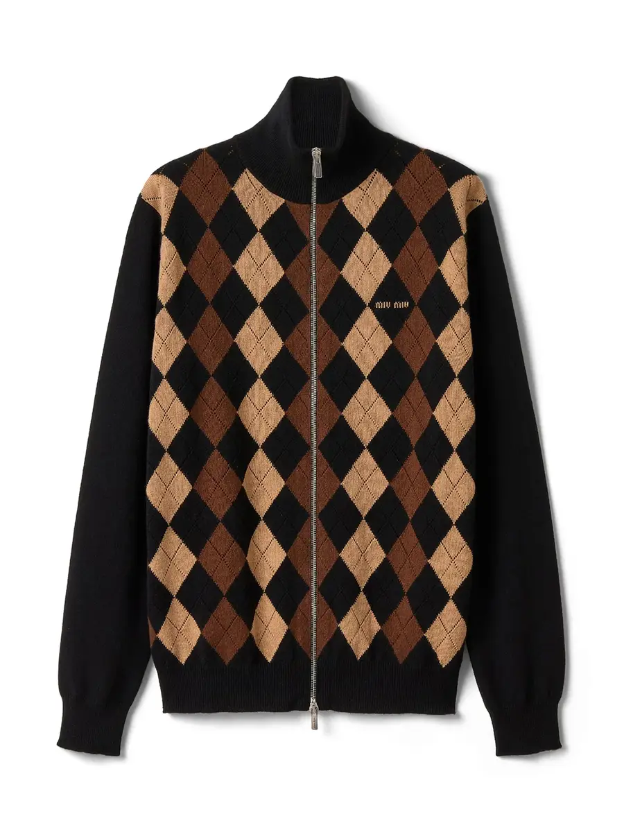 Miu Miu Argyle Cashmere Zip-Up Cardigan | Image 1 Miu Miu Argyle Cashmere Zip-Up Cardigan | Image 1