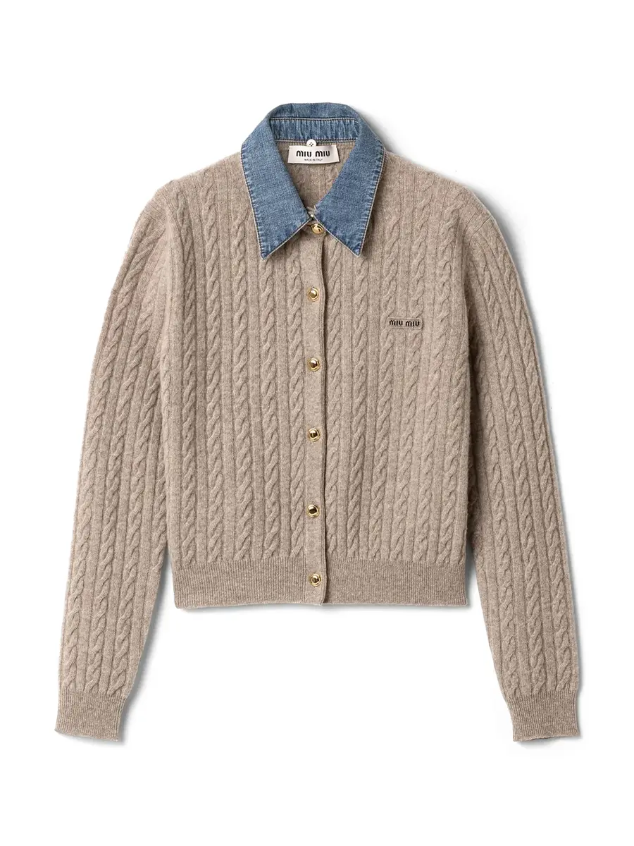Miu Miu Wool-Cashmere Cardigan with Denim Collar | Image 1 Miu Miu Wool-Cashmere Cardigan with Denim Collar | Image 1