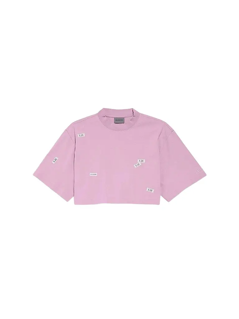 Balenciaga Women's Stickers Cropped T-Shirt - Old Pink White | Image 1 Balenciaga Women's Stickers Cropped T-Shirt - Old Pink White | Image 1