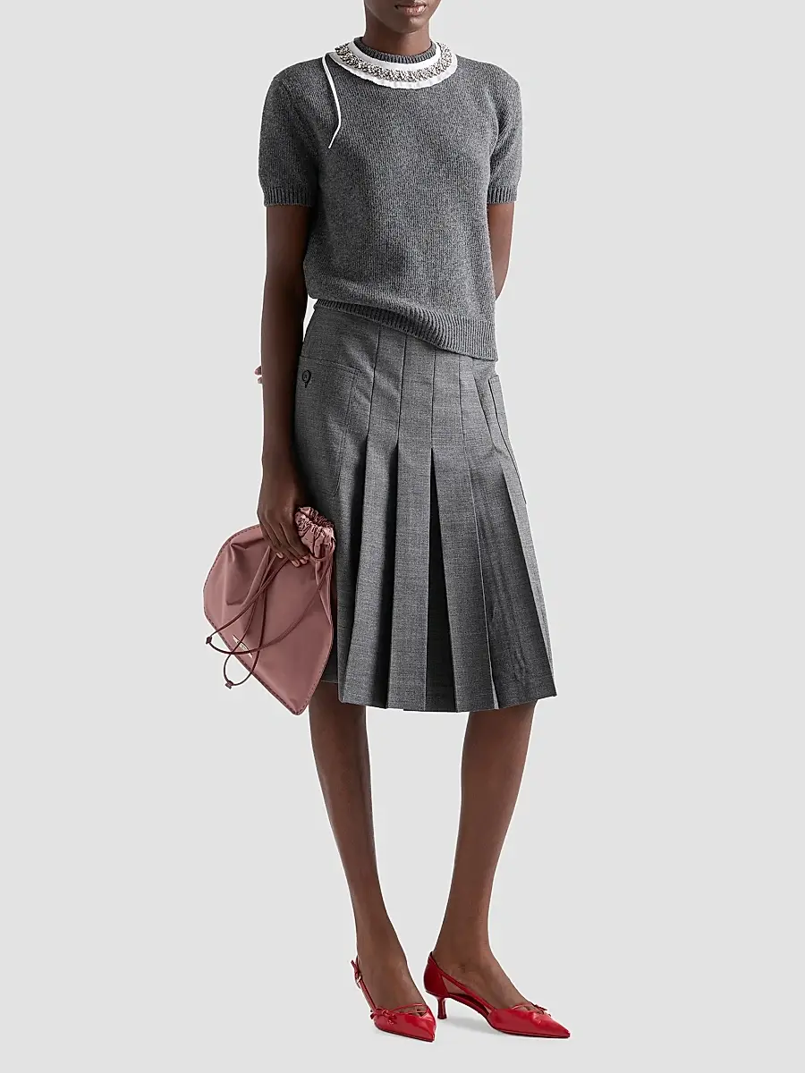 Prada Women's Short-Sleeved Wool and Cashmere Sweater - Grey | Thumbnail 2