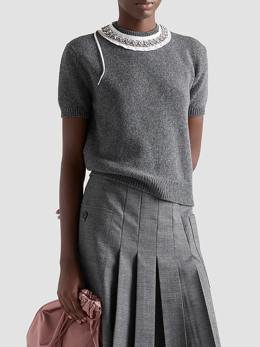 Prada Women's Short-Sleeved Wool and Cashmere Sweater - Grey | Thumbnail 3