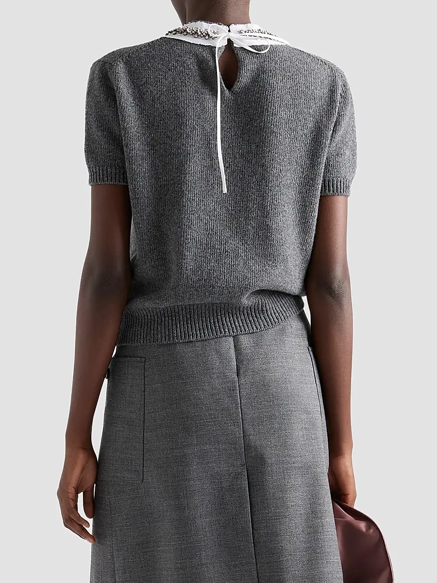 Prada Women's Short-Sleeved Wool and Cashmere Sweater - Grey | Thumbnail 4