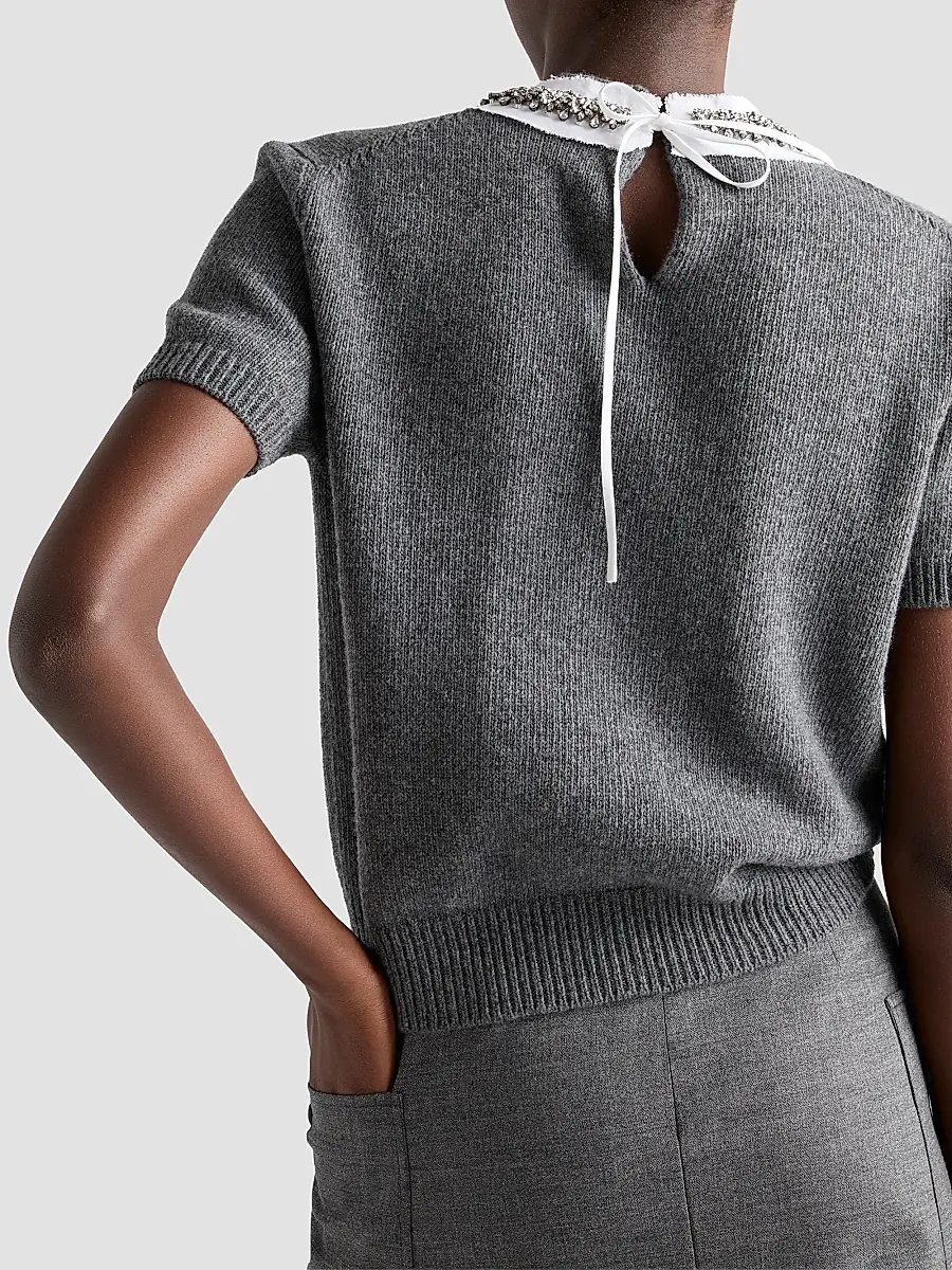 Prada Women's Short-Sleeved Wool and Cashmere Sweater - Grey | Thumbnail 5