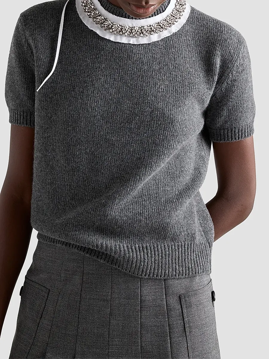 Prada Women's Short-Sleeved Wool and Cashmere Sweater - Grey | Thumbnail 6