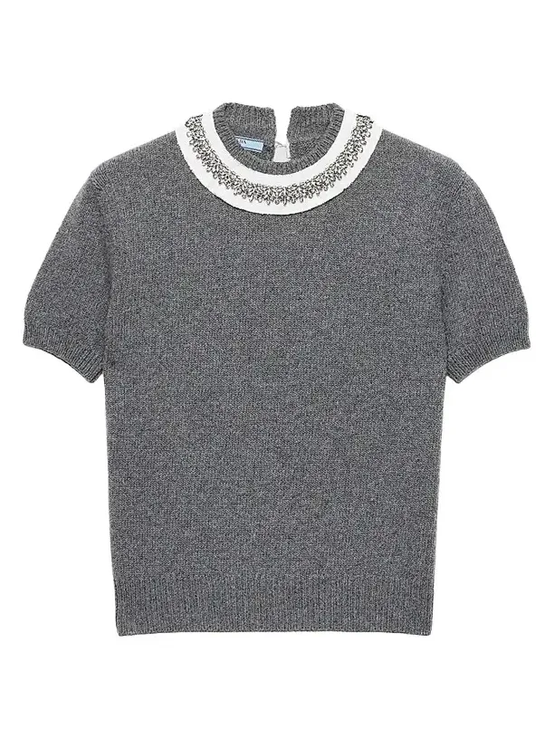 Women's Short-Sleeved Wool and Cashmere Sweater - Grey