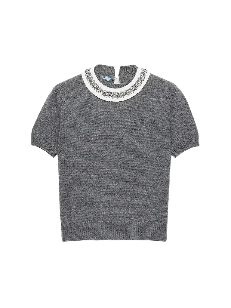 Prada Women's Short-Sleeved Wool and Cashmere Sweater - Grey | Image 1 Prada Women's Short-Sleeved Wool and Cashmere Sweater - Grey | Image 1