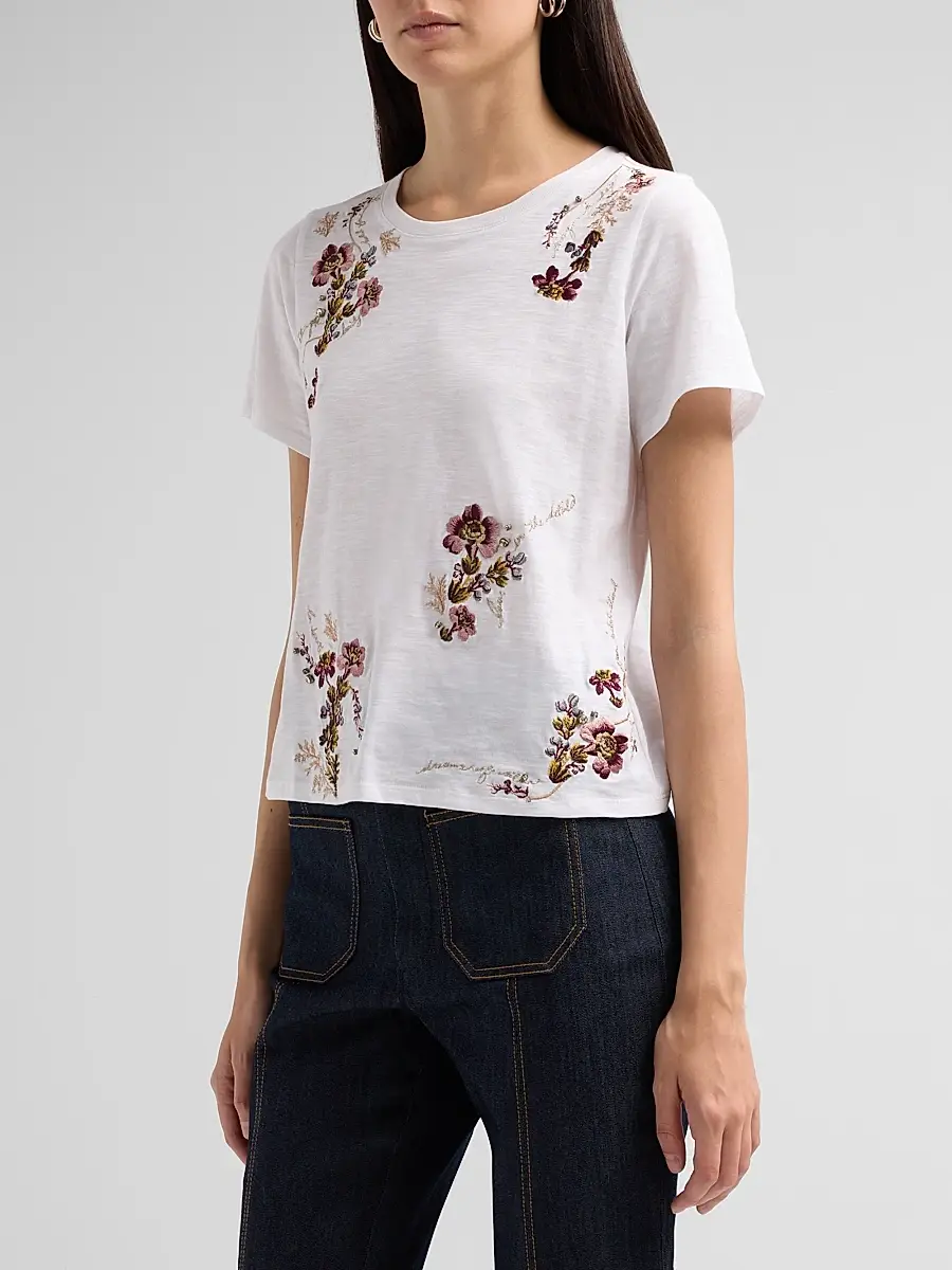 Cinq à Sept Women's Loveletter Floral Embroidered Cotton T-Shirt | Thumbnail 4 Cinq à Sept Women's Loveletter Floral Embroidered Cotton T-Shirt | Thumbnail 4