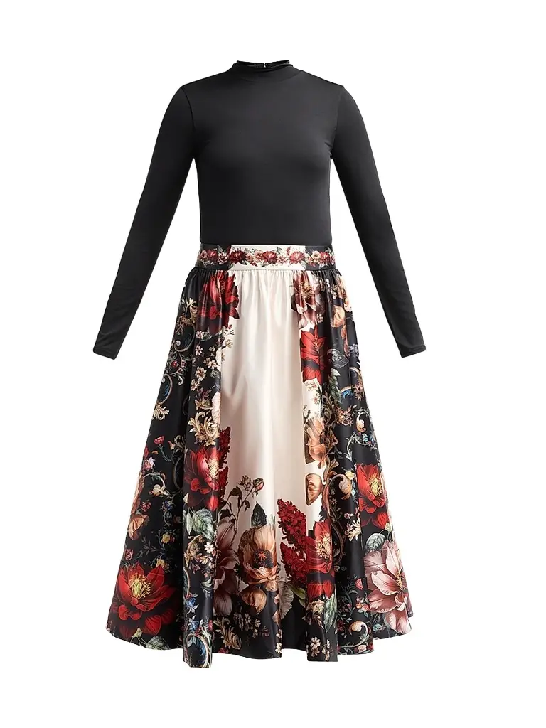 Alice + Olivia Women's Chara Turtleneck Floral Flare Skirt Midi Dress - Floral Radiance | Image 1 Alice + Olivia Women's Chara Turtleneck Floral Flare Skirt Midi Dress - Floral Radiance | Image 1