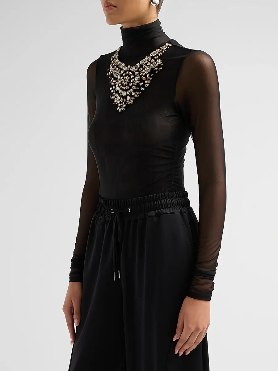 Cinq à Sept Women's Necklace-Detail Shirred Mesh Top | Thumbnail 4
