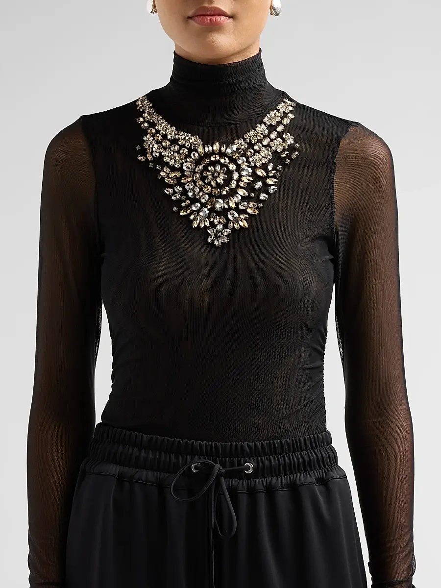 Cinq à Sept Women's Necklace-Detail Shirred Mesh Top | Thumbnail 5