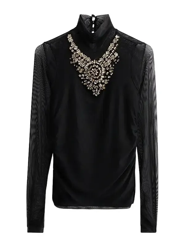 Women's Necklace-Detail Shirred Mesh Top