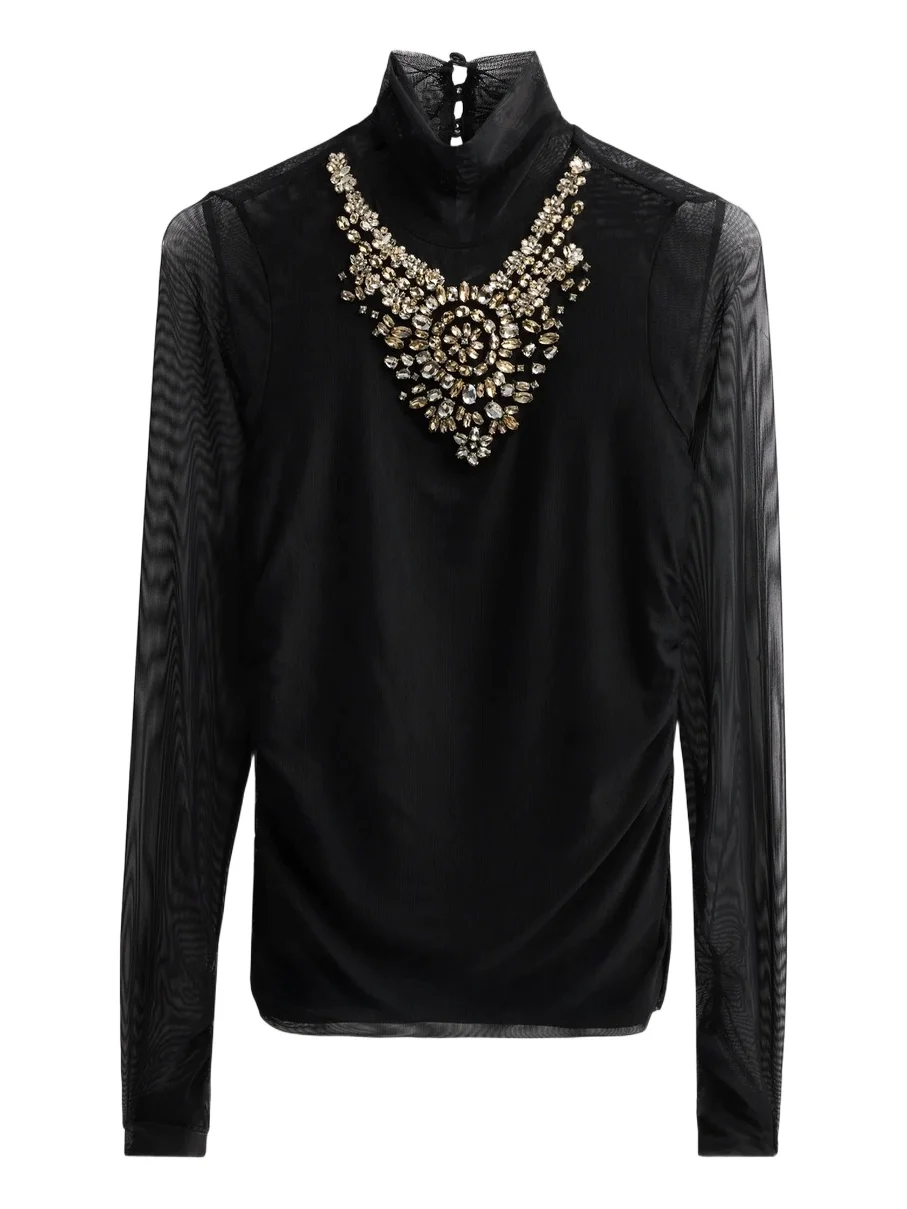 Women's Necklace-Detail Shirred Mesh Top