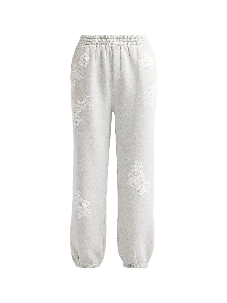 LoveShackFancy Women's Lilia Lace Appliqué Sweatpants - Silver Fog | Image 1 LoveShackFancy Women's Lilia Lace Appliqué Sweatpants - Silver Fog | Image 1