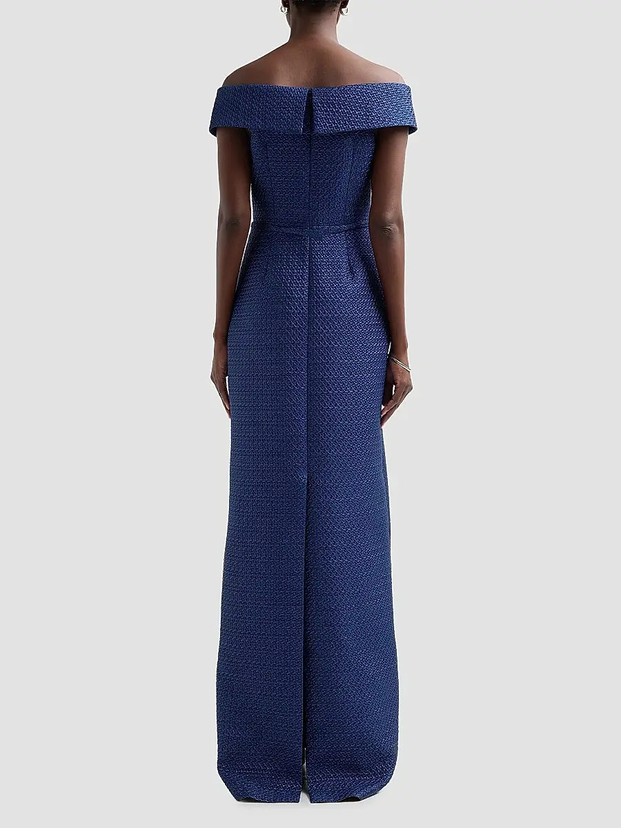 Teri Jon by Rickie Freeman Women's Basket Weave Jacquard Off-the-Shoulder Column Gown | Thumbnail 3 Teri Jon by Rickie Freeman Women's Basket Weave Jacquard Off-the-Shoulder Column Gown | Thumbnail 3
