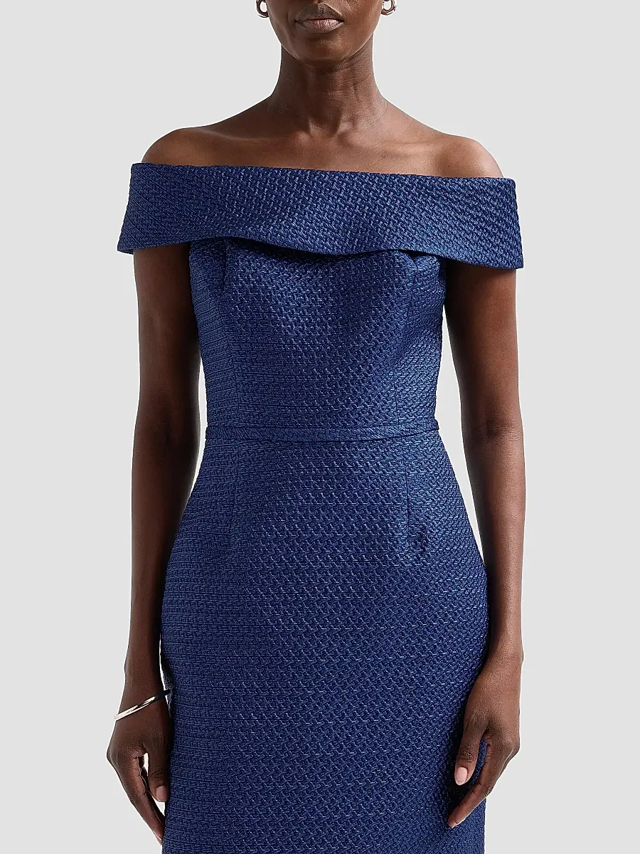 Teri Jon by Rickie Freeman Women's Basket Weave Jacquard Off-the-Shoulder Column Gown | Thumbnail 5 Teri Jon by Rickie Freeman Women's Basket Weave Jacquard Off-the-Shoulder Column Gown | Thumbnail 5