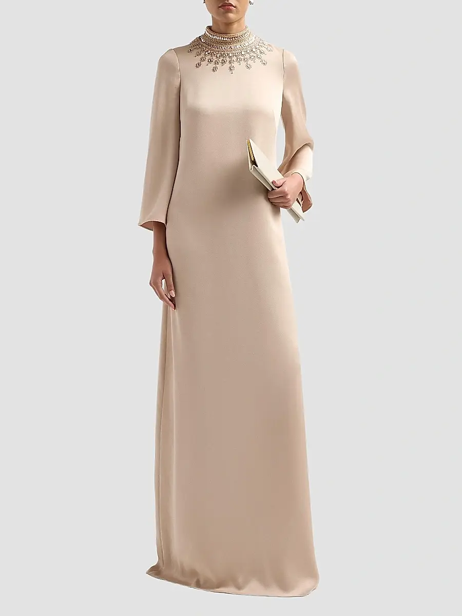 Teri Jon by Rickie Freeman Women's Embellished Collar Satin Gown | Thumbnail 2 Teri Jon by Rickie Freeman Women's Embellished Collar Satin Gown | Thumbnail 2