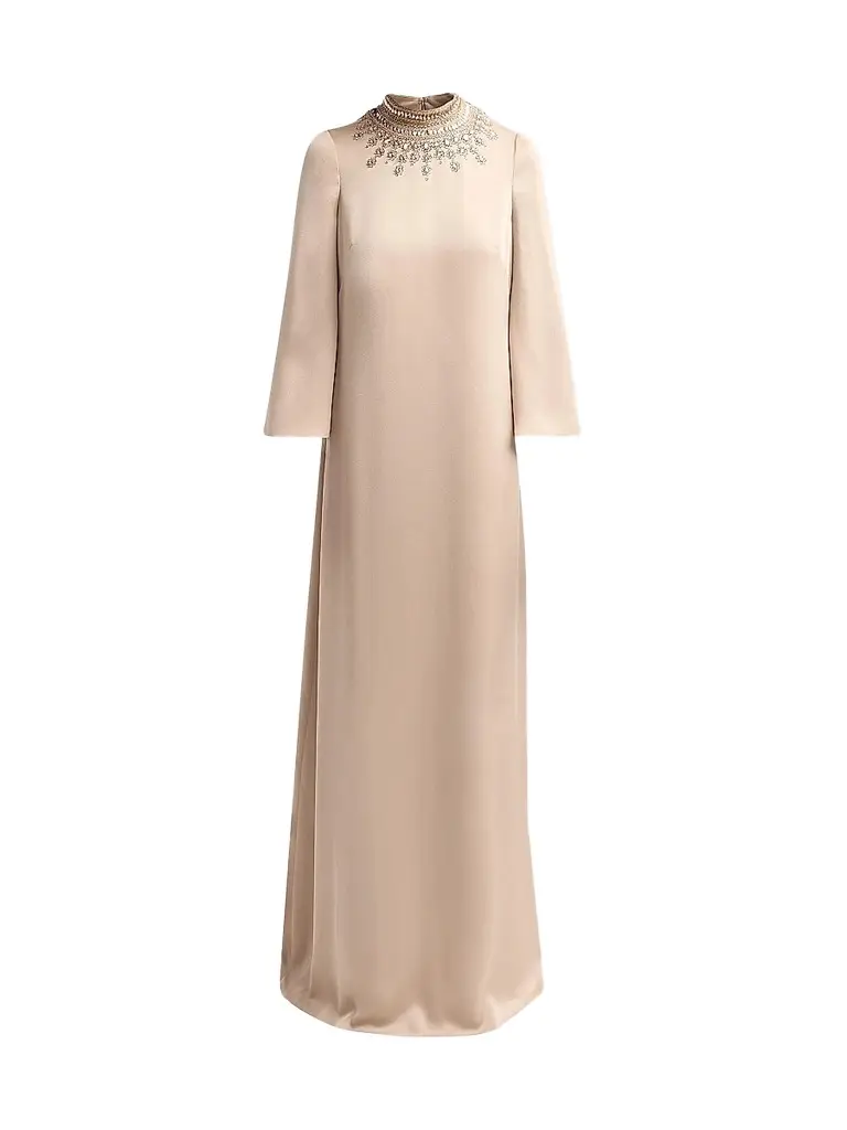 Teri Jon by Rickie Freeman Women's Embellished Collar Satin Gown - Gold | Image 1 Teri Jon by Rickie Freeman Women's Embellished Collar Satin Gown - Gold | Image 1