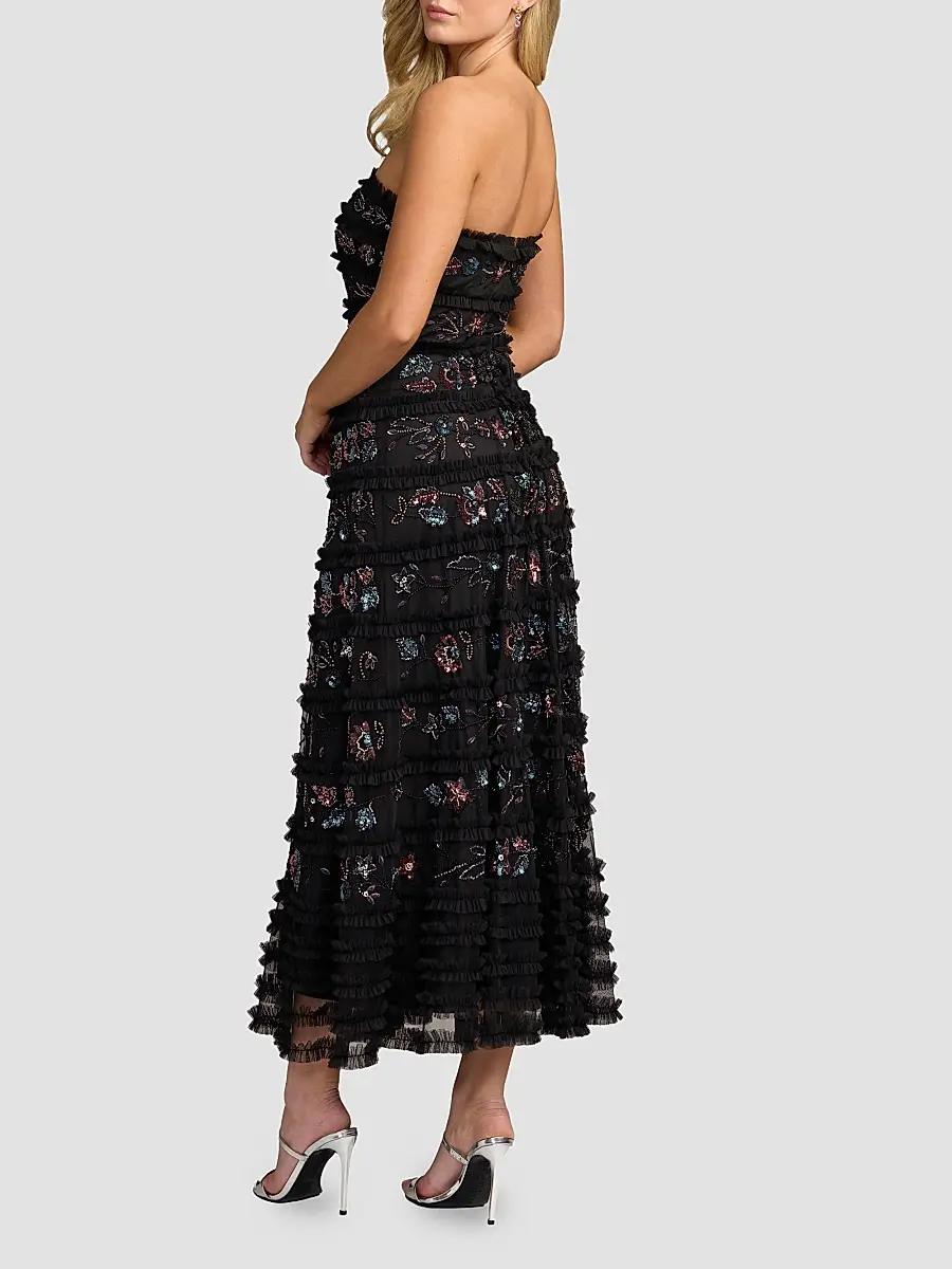 Mac Duggal Women's Floral Ruffled Mesh Strapless Midi Dress | Thumbnail 2