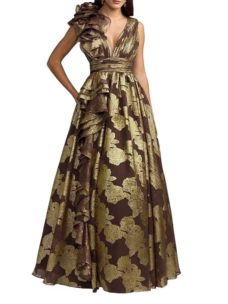 Mac Duggal Women's Metallic Floral Brocade Ball Gown